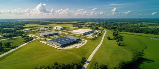 Aerial view of a modern industrial complex surrounded by lush greenery and blue skies, featuring solar panels on rooftops.