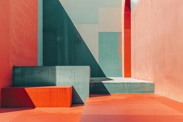 The image features vibrant geometric shapes with rich colors such as terracotta, mint, and coral. Perfect for modern design projects, architectural themes, or artistic inspiration. Space for your text