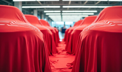 new cars covered with a red cloth in a car dealership