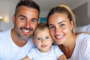 Fototapeta premium Happy family sitting together at the table, enjoying a warm and cozy moment