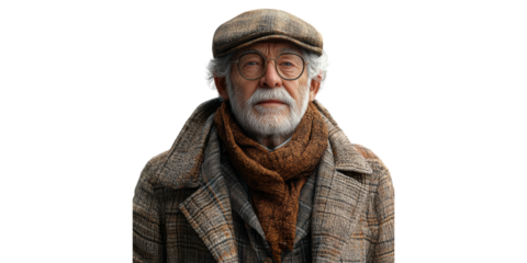 Old Man With Beard and Hat Isolated on Transparent Background