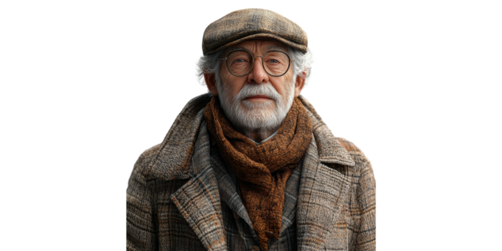 Old Man With Beard and Hat Isolated on Transparent Background