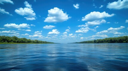 A serene river scene under a clear blue sky, dotted with fluffy clouds and bordered by lush greenery, reflecting tranquility and natural beauty.