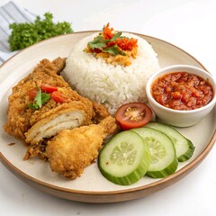 Ayam penyet with sambal, fresh vegetables, and white rice