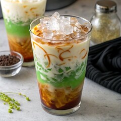 Es cendol with coconut milk, palm sugar syrup, and ice cubes