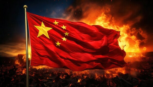 Chinese Flag Waving in Fiery Background