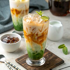 Es cendol with coconut milk, palm sugar syrup, and ice cubes