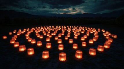 Obraz premium A mesmerizing scene of glowing lanterns arranged in a spiral pattern under a twilight sky, creating a serene and magical ambiance.