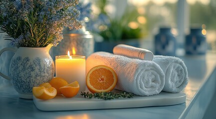 Spa setting with candles, oranges, towels, and flowers.