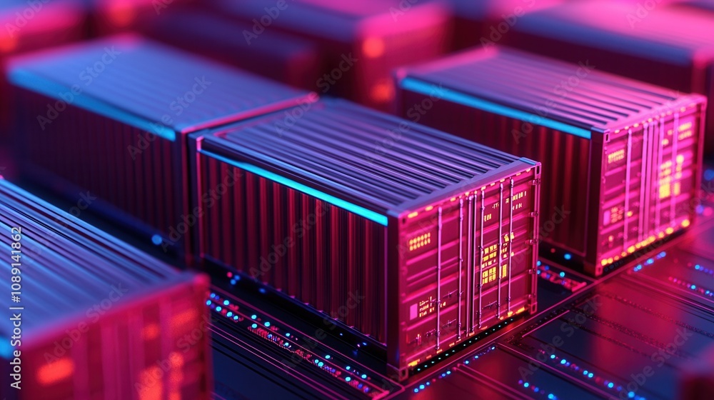 Poster a digital rendering of shipping containers illuminated in vibrant colors, emphasizing modern logisti
