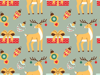 Festive pattern with reindeer, Christmas gifts, and ornaments in flat style. Cute decorative design perfect for wrapping paper, holiday decorations, greeting cards, or festive backgrounds.