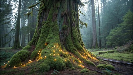 Moss-covered ancient tree with glowing bioluminescent moss and lichen, greenery, wild, primeval