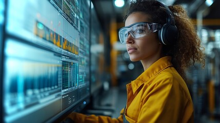 Scientist analyzing data on wind turbines in a modern research facility during the day