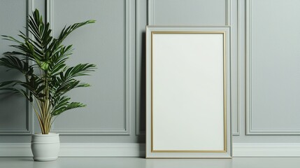 Elegant gold framed custom design poster mockup in modern interior environment with plant accents