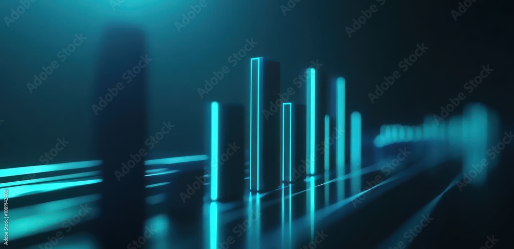Aufkleber Abstract visual representation of sound waves with glowing bars and a dark background.