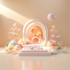 buatkan 30 keyword untuk promt dibawah
A 3D render of abstract, minimalist shapes with holographic accents on a light peach background, featuring vibrant and rich colors