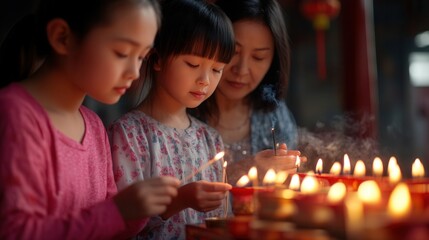 Three individuals, including two girls, are lighting candles in a serene setting, evoking a sense of spirituality and tradition.