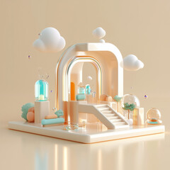 buatkan 30 keyword untuk promt dibawah
A 3D render of abstract, minimalist shapes with holographic accents on a light peach background, featuring vibrant and rich colors