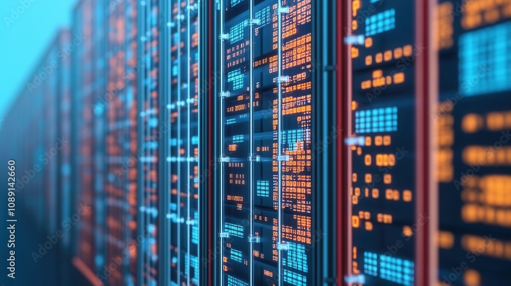 Poster a close-up view of modern server racks with illuminated data panels, showcasing technology and digit