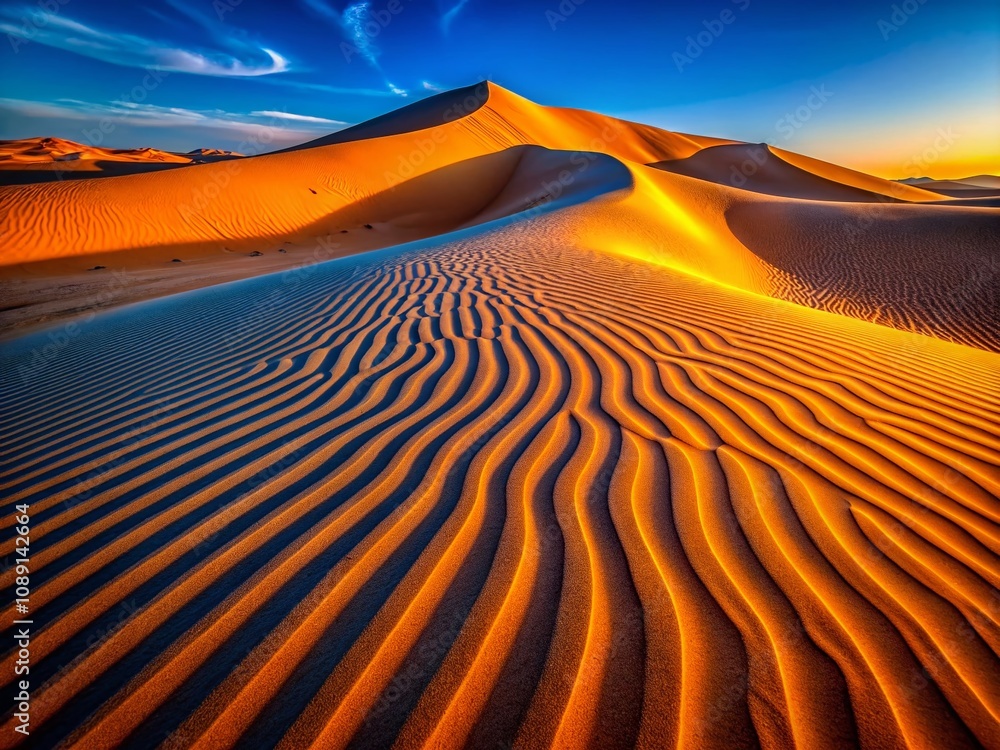 Poster captivating patterns of light and shadow on the textured surface of a sand dune in the desert, highl