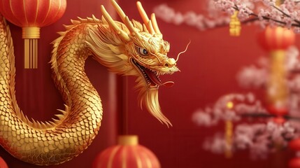 Fototapeta premium A majestic golden dragon coils against a vibrant red background, surrounded by lanterns and cherry blossoms, symbolizing good fortune and strength.