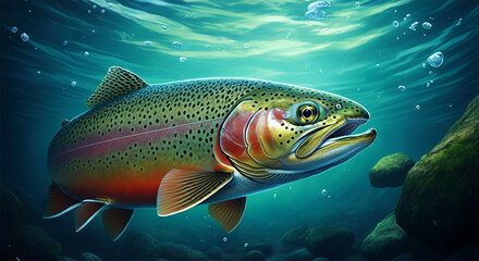 Fototapeta premium Rainbow Trout Fish in the Water, Stream or River, Isolated Nature Wildlife Fishing Angler Illustration