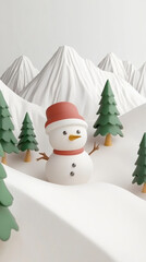 Start of winter 3D illustration, Snow mountain 3D illustration, snowman 3D illustration 