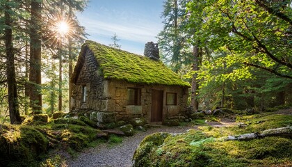 Serene Solitude: Sunlit Stone Cottage in a Forest of Giants