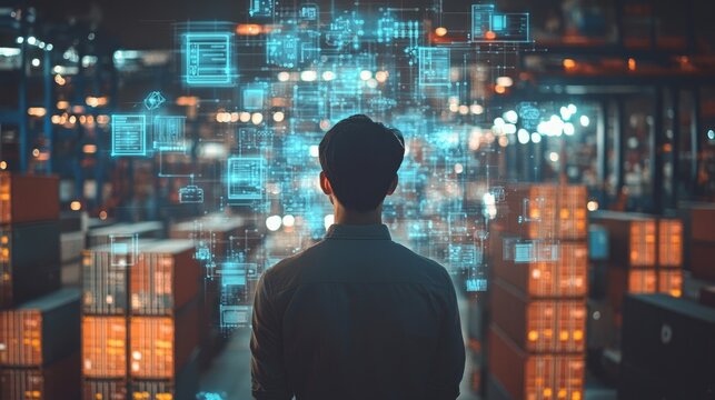 Logistics coordinator surrounded by digital and technological symbols icons, cargo handling efficiency, back view