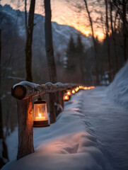 serene snowy forest path illuminated by lanterns creates magical atmosphere at sunset. warm glow contrasts beautifully with cold snow, inviting exploration