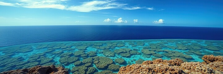 Fototapeta premium Panoramic view of a coral reef with a vast expanse of ocean and a few clouds in the sky, tropical waters, ecosystem conservation, seaweed forest