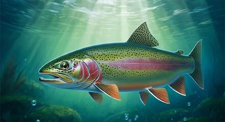 Naklejka premium Rainbow Trout Fish in the Water, Stream or River, Isolated Nature Wildlife Fishing Angler Illustration