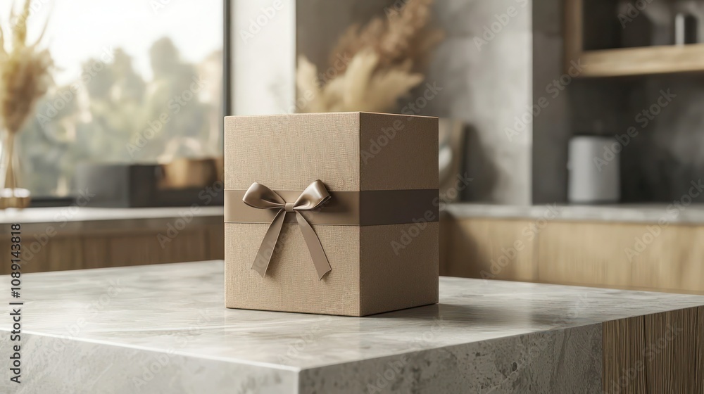 Poster a stylish box mock-up displayed on a countertop, showcasing an elegant packaging design