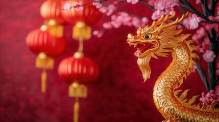 Obraz premium A vibrant, golden dragon figurine surrounded by pink blossoms and traditional red lanterns against a rich red backdrop.