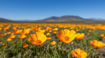 A vibrant field of yellow flowers under a clear blue sky, with mountains in the background, showcasing nature's beauty and tranquility.