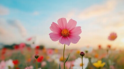 A vibrant pink flower stands out against a colorful field of blossoms, under a soft blue sky at sunset, creating a serene and picturesque scene.