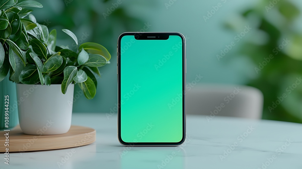 Poster Mobile device displaying gradient background modern home setting technology focus indoor close-up view design concept