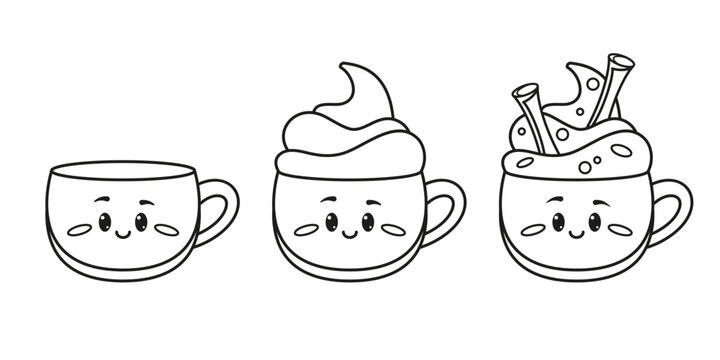 Festive Mugs with black and white candy canes, marshmallows. A trio of adorable, festively-decorated drink cups. Vector Illustration