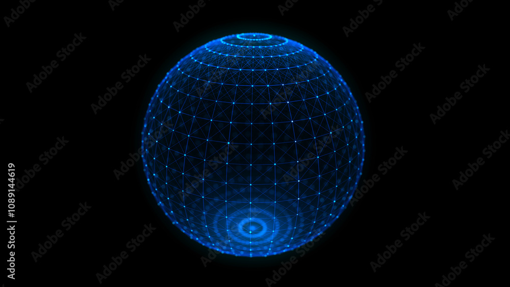 Poster abstract blue sphere on black background. wireframe circle structure with glowing particles. futuris
