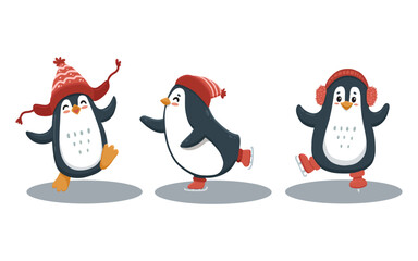 set of cute cartoon penguins is skating. Illustration in flat style for christmas card. Funny penguin. Vector illustration.