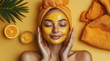 Young Woman Enjoying a Relaxing Facial Treatment with Bright Orange Mask, Surrounded by Fresh Ingredients and Lush Tropical Elements for Beauty and Wellness