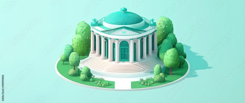 Poster a stylized building with a dome, surrounded by trees and pathways, evoking a serene atmosphere.