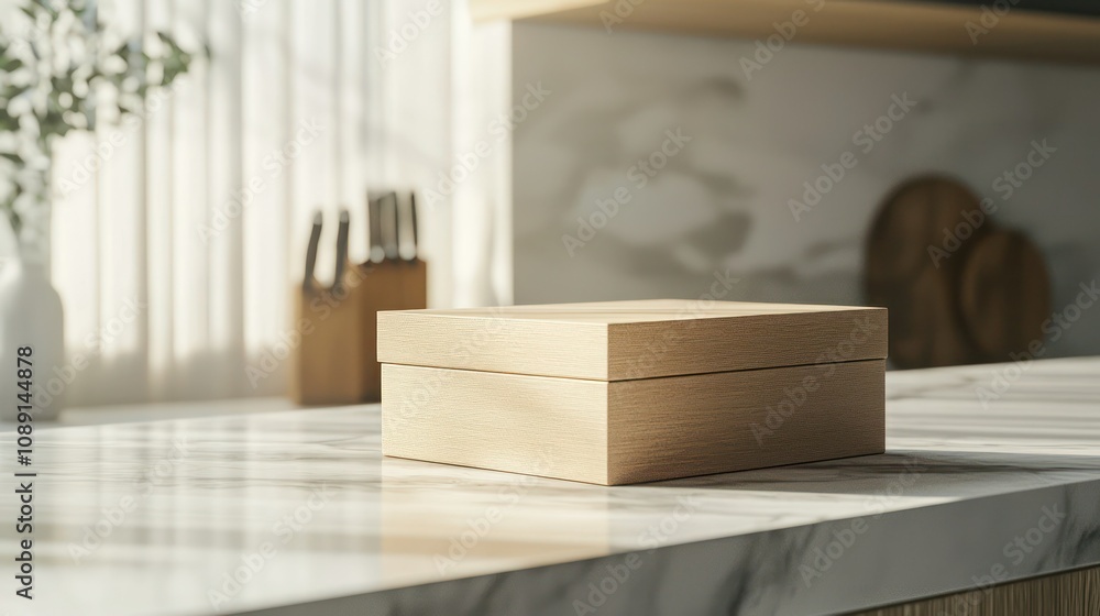 Poster a stylish box mock-up displayed on a countertop, showcasing an elegant packaging design