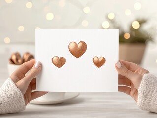 Obraz premium A cozy scene featuring hands holding a card with heart shapes, symbolizing love and warmth in everyday moments.