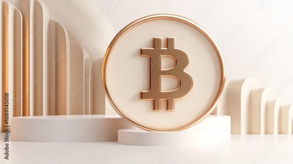 Poster a stylized representation of a bitcoin coin against a minimalist background.