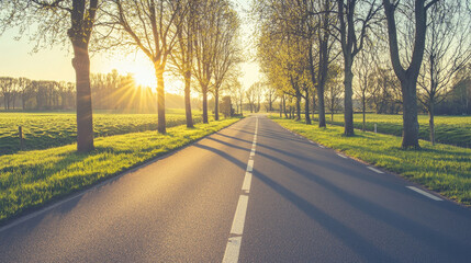 Fototapeta premium serene countryside road lined with trees and sunlight