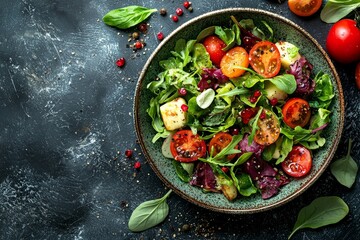 A vibrant salad featuring fresh greens, cherry tomatoes, and herbs, presented in a rustic bowl against a dark background.