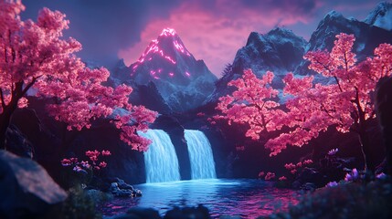 A fantasy mountain landscape with neon pink trees and glowing waterfalls