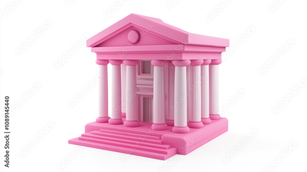 Poster a stylized pink building with columns, resembling a classical structure.