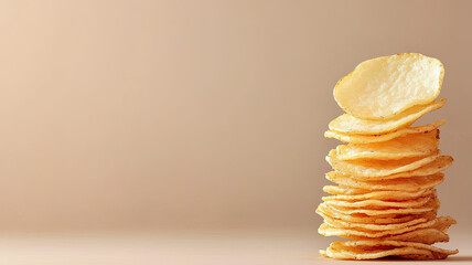 Crispy potato chips stacked high against neutral background